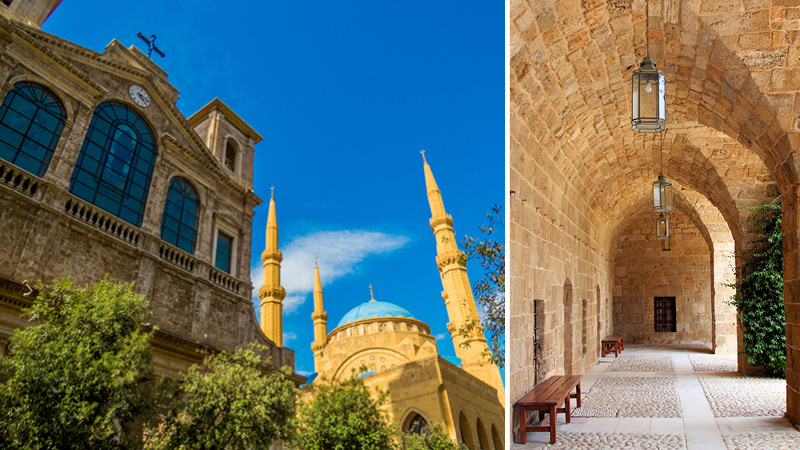 Saint George katedralen og Mohammad Al-Amin mosken i Beirut samt Khan el Franj i Sidon