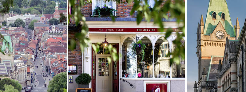 High Street i Winchester og gastropubben 'The Old Vine'
