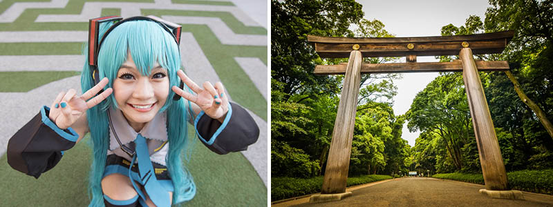 Japansk teenager i amime kostume og Meiji Jingu helligdommen, Japan