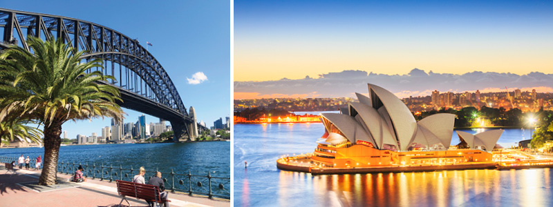 Se Harbour Bridge og Operahuset i Sydney.