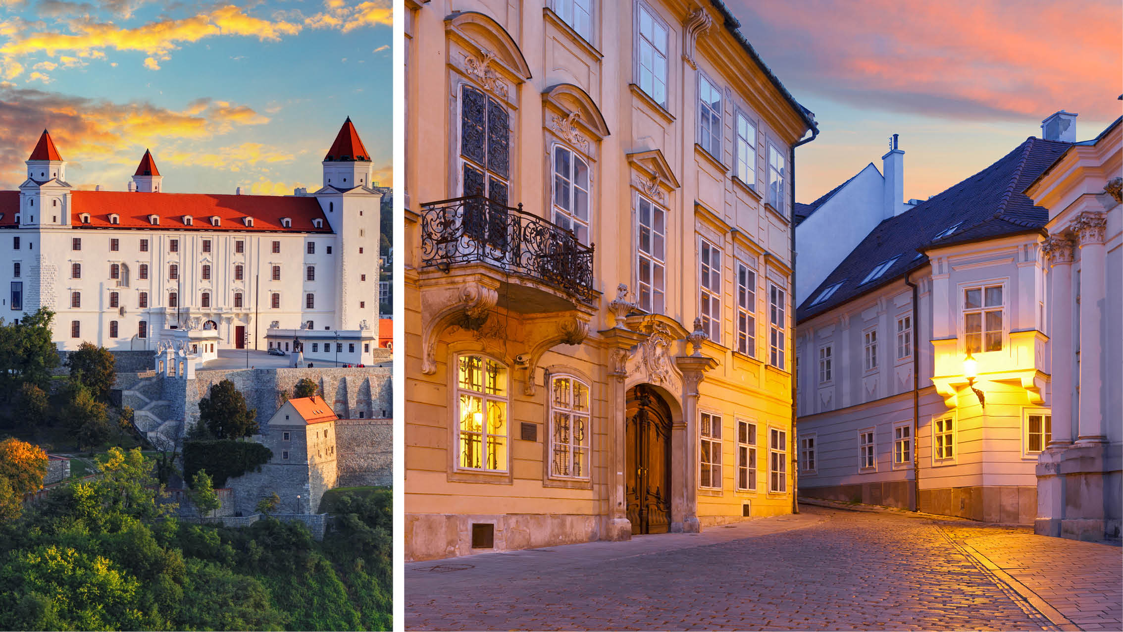Bratislava, hovedstaden i Slovakiet, i solnedgangens skær