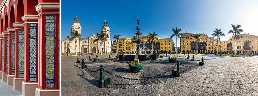 Plaza Mayor i Lima med gamle katedral samt fine røde søjler i Santa Domingo klosteret