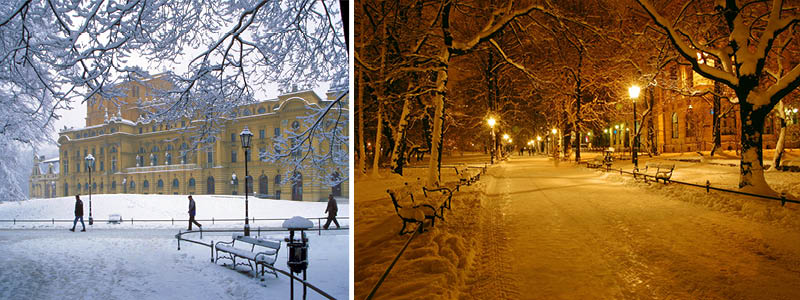 Vinterstemning med smukt snefald i Krakow, Polen