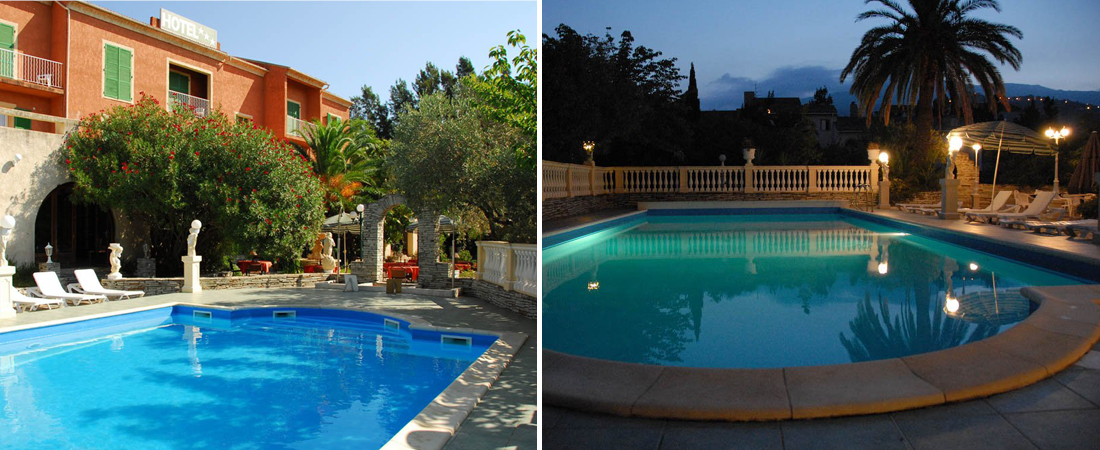 Tv olika pooler med charmigt grnskande poolomrde och solstolar, varav ena r upplyst kvllstid. P resa till Korsika. 