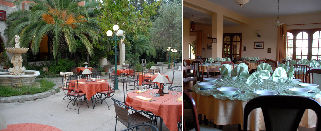 Uppdukade bord inomhus respekive utomhus tillhrande Hotell Castellu Rossu