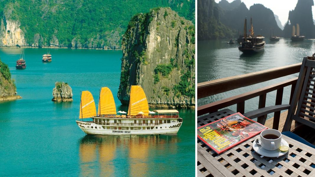 Skibe og udsigt i Halong bay i Vietnam